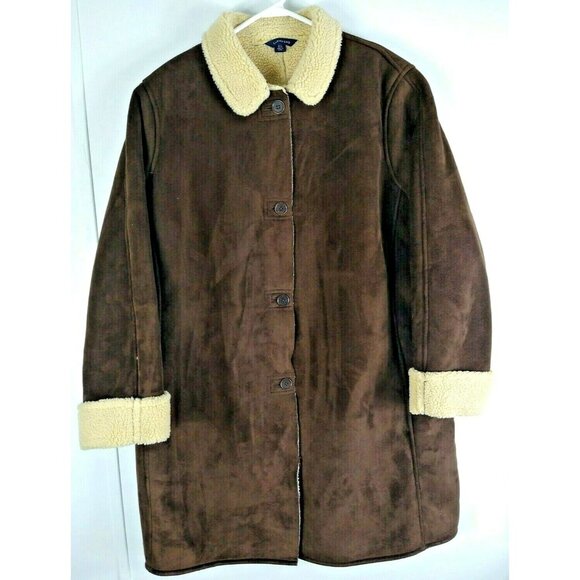 Womens Lands End Microsuede Coat Brown Faux Sherpa Lining Long Farm Barn 18 - 20 - Picture 1 of 9